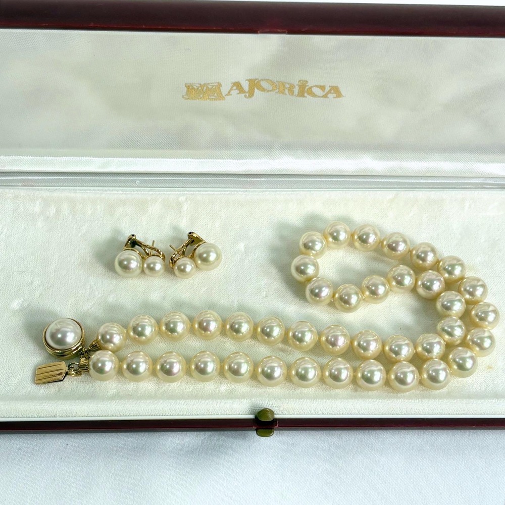 Majorica Pearl Jewelry Set Cream 80s Vintage Necklace and Earrings Boxed 925